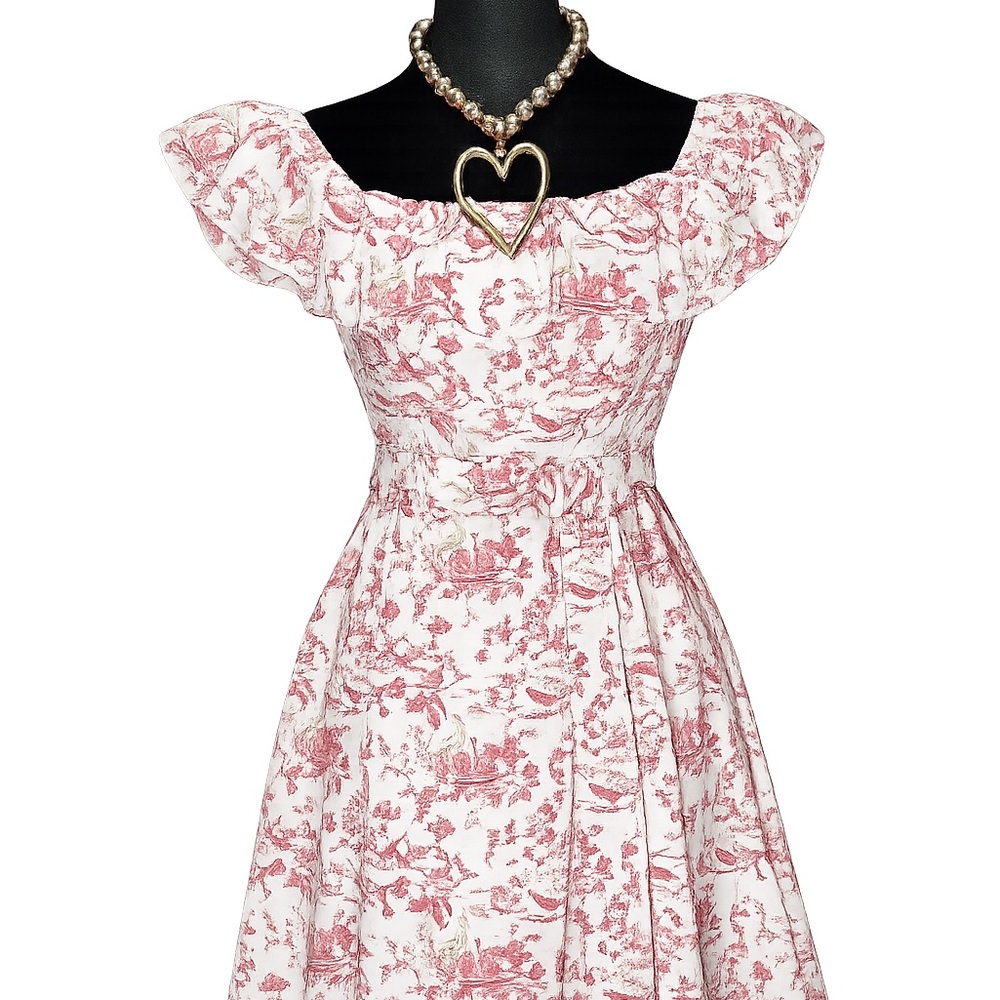 Cousins-Inspired Pink Toile Off-Shoulder Dress